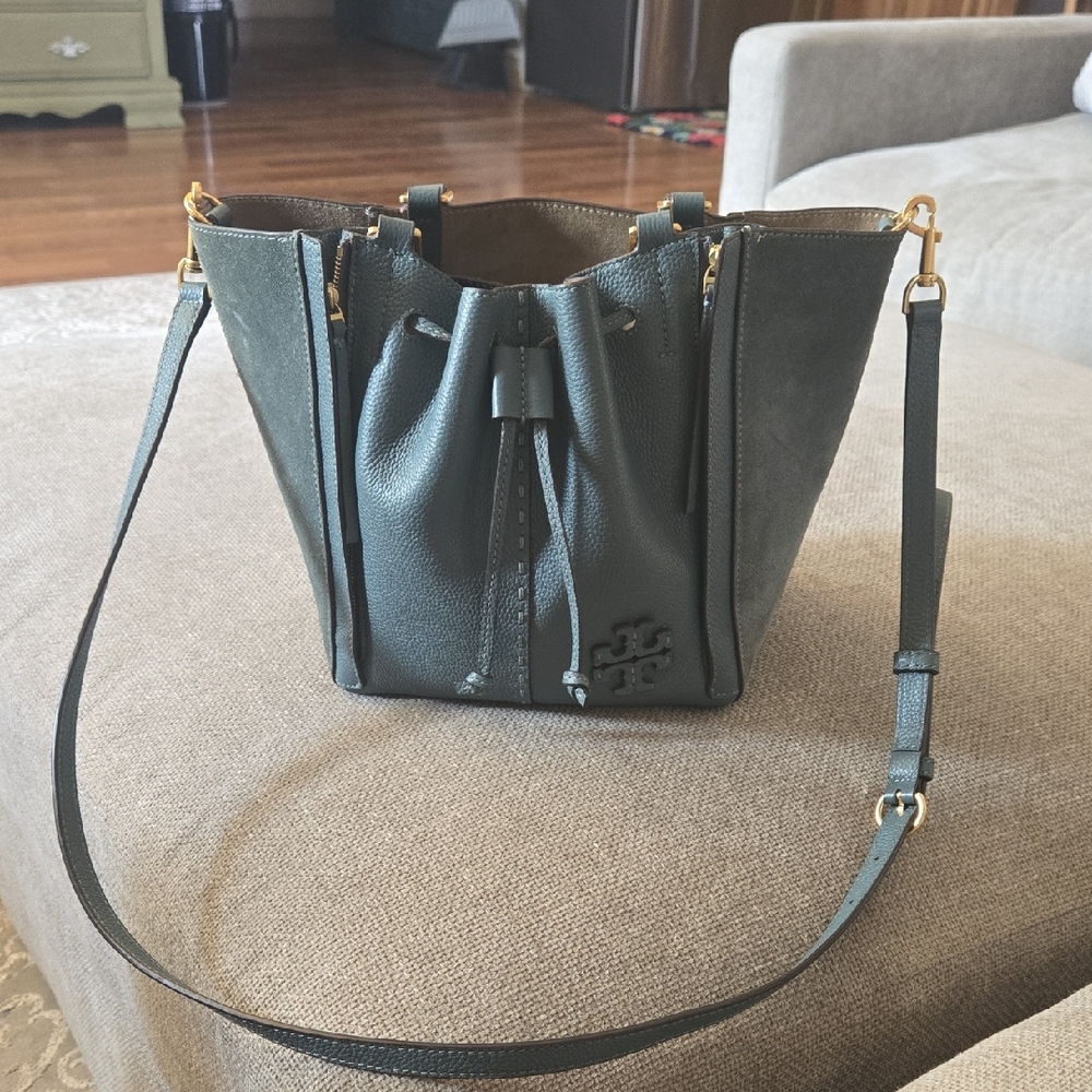 Tory Burch Teal Leather & Suede Drawstring Crossbody